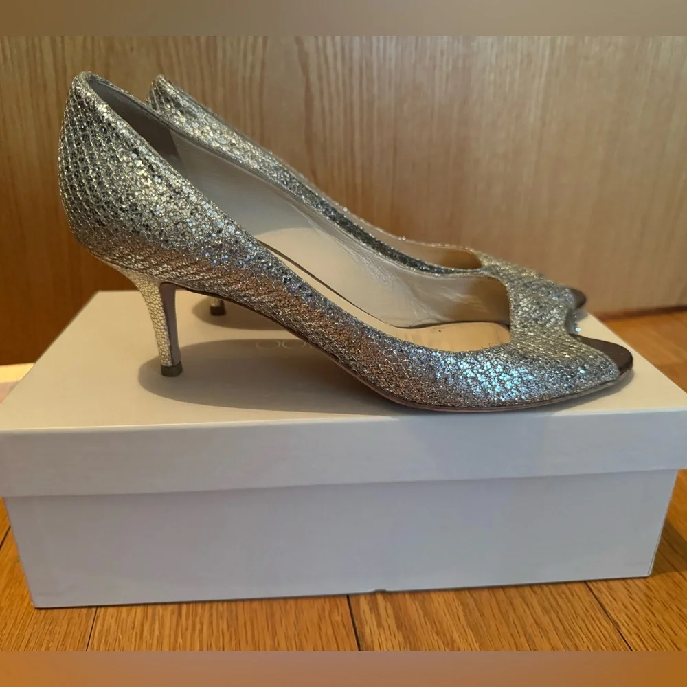 Jimmy Choo Silver Isabel Peep Toe Heels - Picture 6 of 7